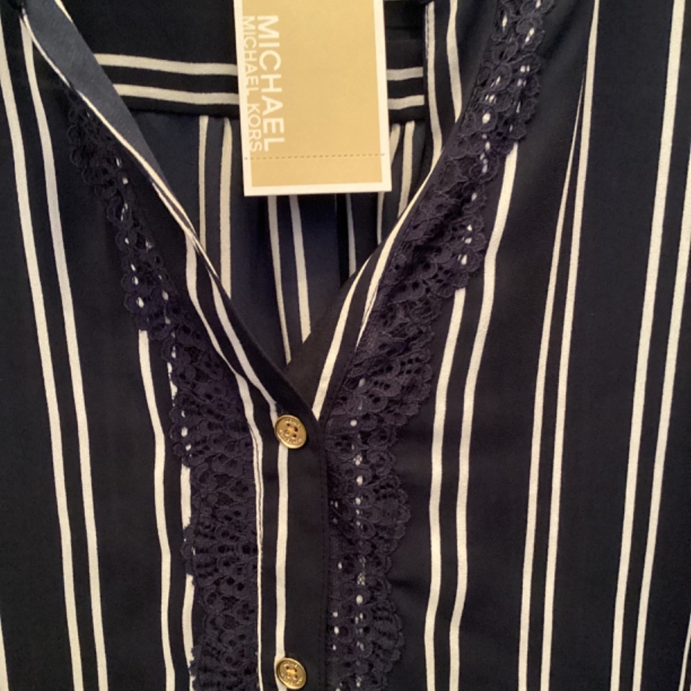 Michael Kors Tunic Blouse Navy White Stripe with Lace Trim - Picture 2 of 4